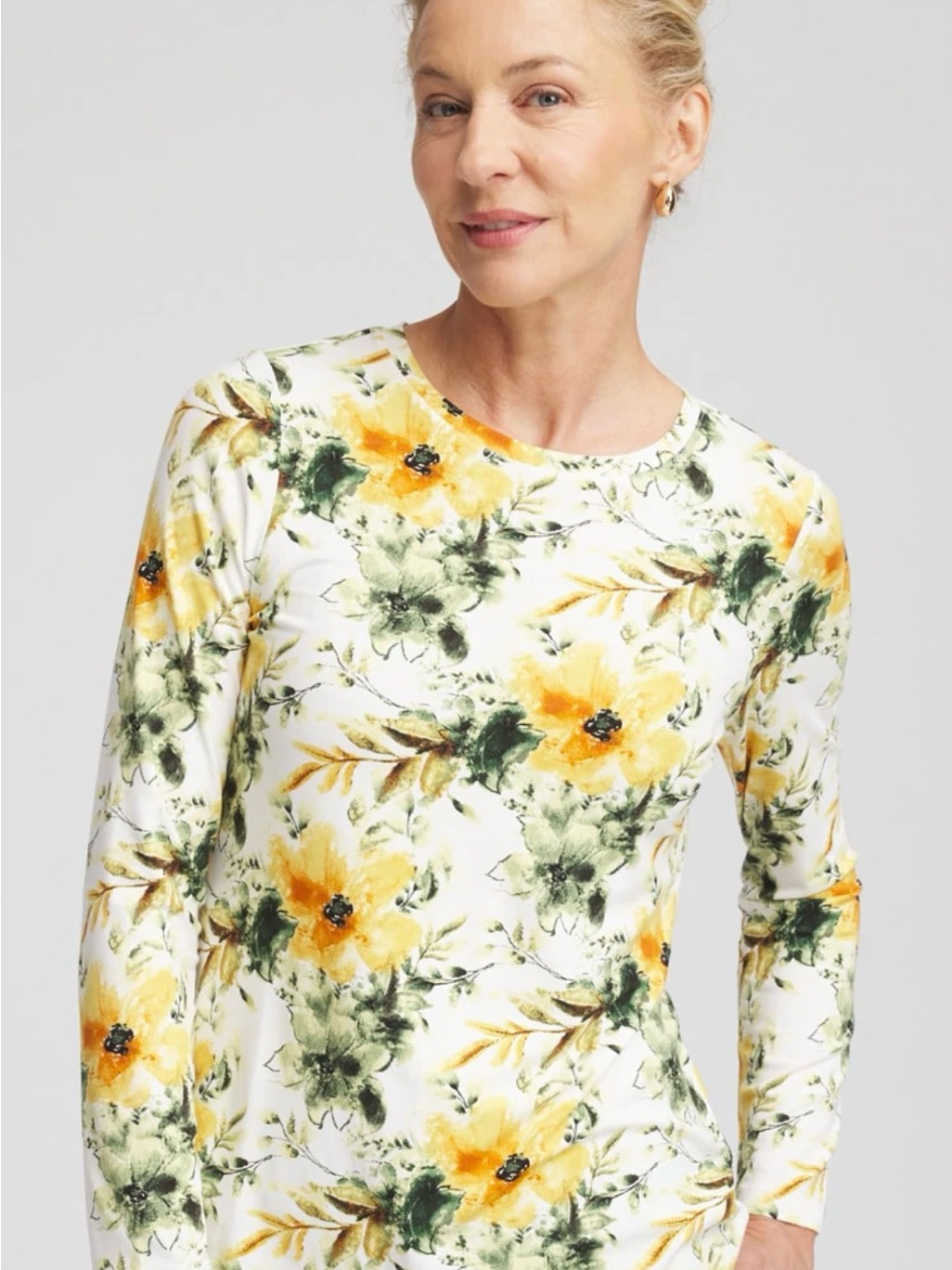 Chico's White Long-Sleeve Floral Crewneck Top In Yellow & Green On White